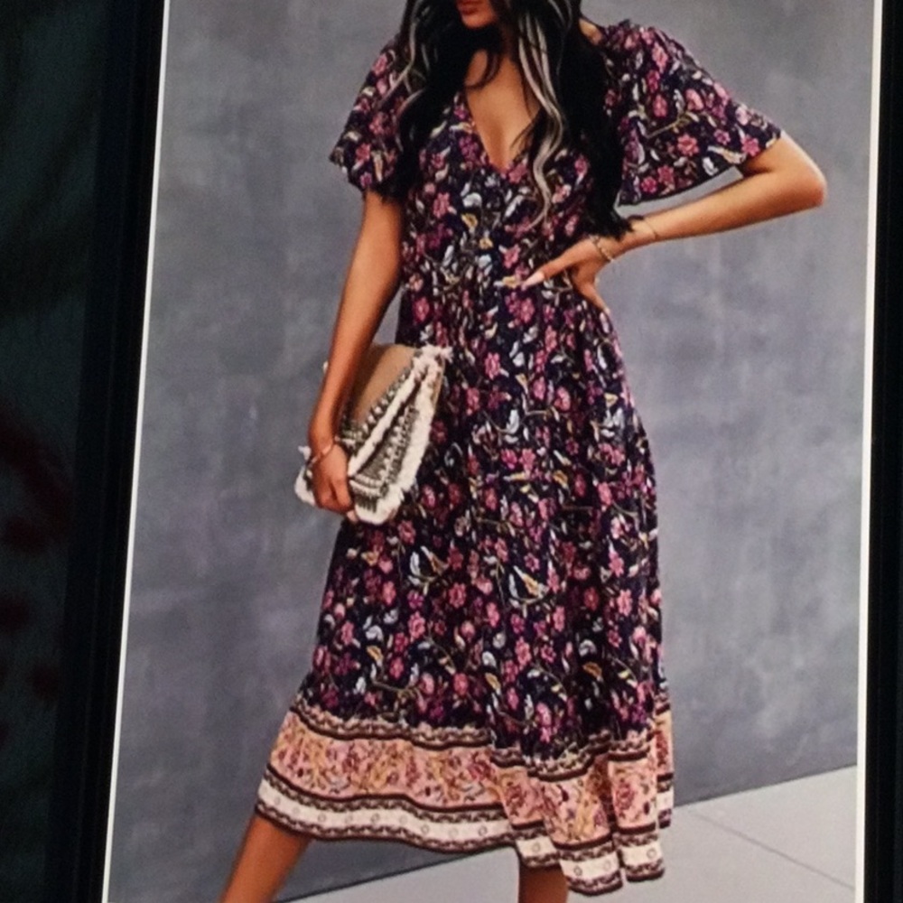 Temofon Floral V-Neck Midi Dress in Navy and Pink Size L 100% Royon